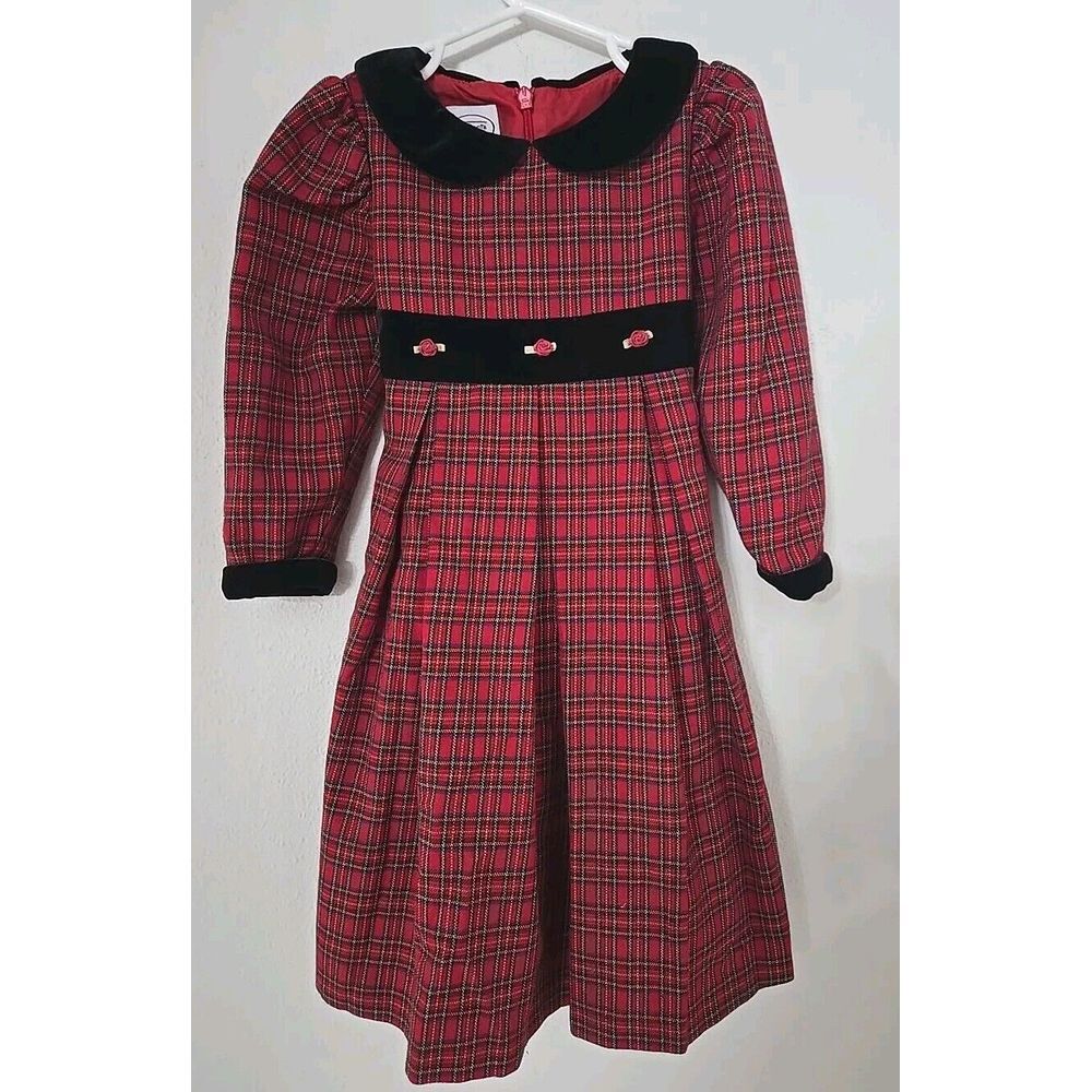 Vintage‎ Christmas Dress Baby Girl Size 3T Red Plaid Black Velvet Collar Talbots